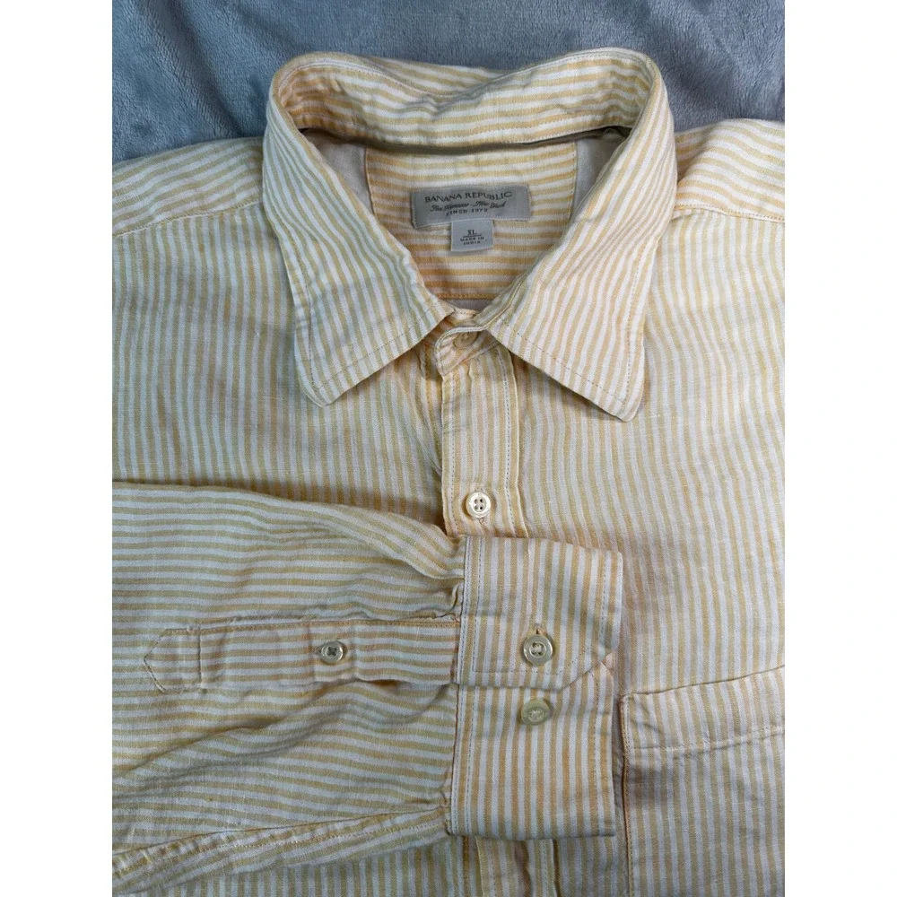 Banana Republic 100% Linen Button Down Shirt Mens XL Yellow Striped Long Sleeve